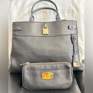 Michael Kors Gramercy Black Pebble Leather Satchel with matching 4x8 makeup bag